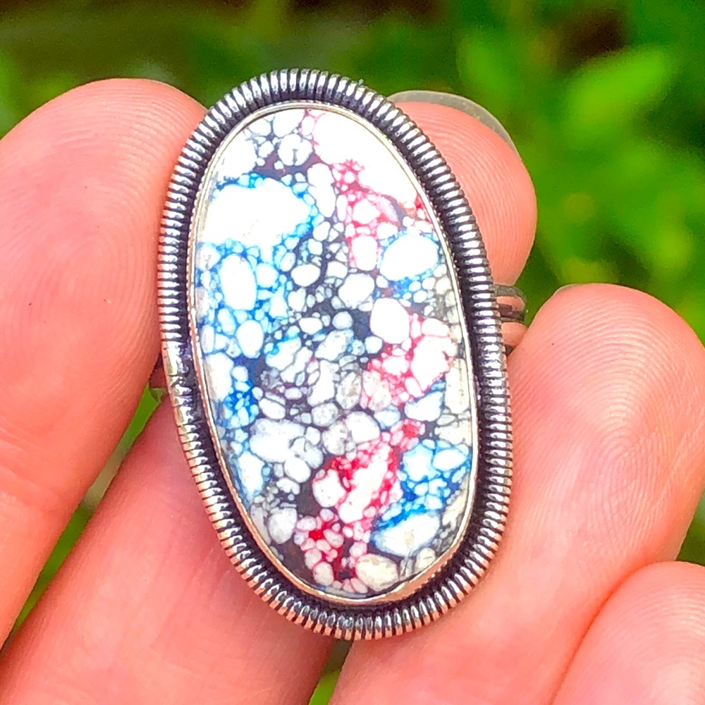 Sterling Silver 925 Handmade Multicolor White Howlite Ring Size 7